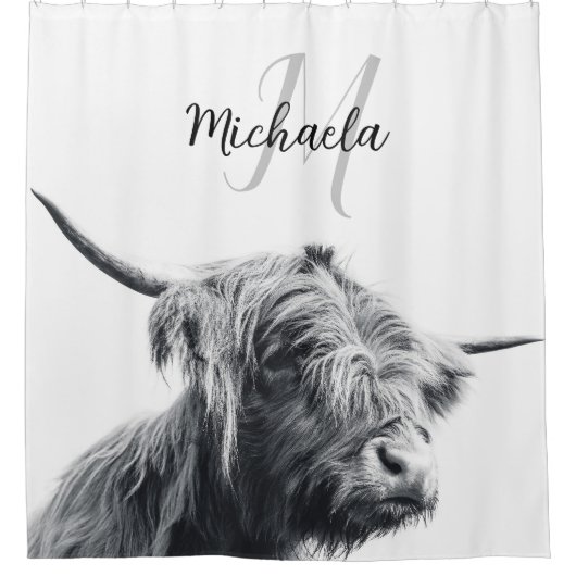Hoogland koe portret initiaal monogram zwart wit douchegordijn (Voorkant)