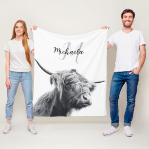 Hoogland koe portret initiaal monogram zwart wit fleece deken