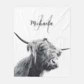 Hoogland koe portret initiaal monogram zwart wit fleece deken (Voorkant)
