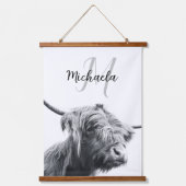 Hoogland koe portret initiaal monogram zwart wit hangend wandkleed (Voorkant)