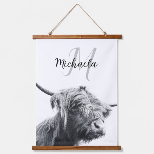 Hoogland koe portret initiaal monogram zwart wit hangend wandkleed (Voorkant)