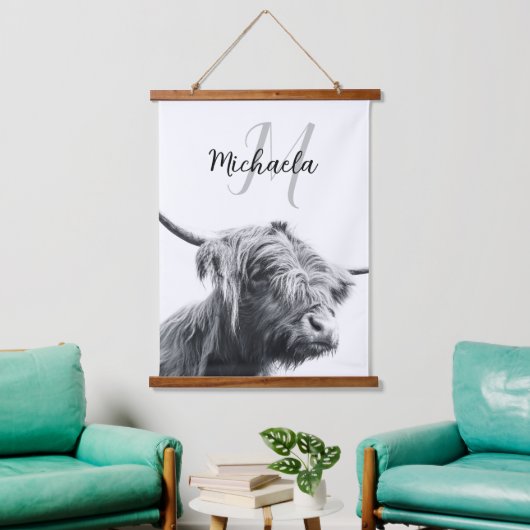 Hoogland koe portret initiaal monogram zwart wit hangend wandkleed (Woonkamer)