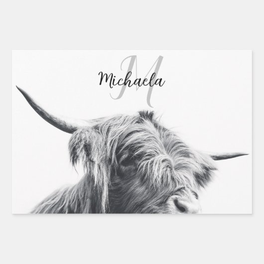 Hoogland koe portret initiaal monogram zwart wit inpakpapier vel (Voorkant)