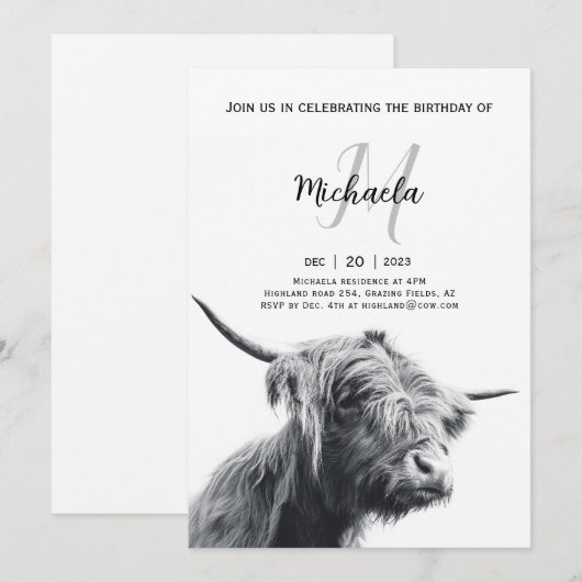 Hoogland koe portret initiaal monogram zwart wit kaart (Voorkant / Achterkant)