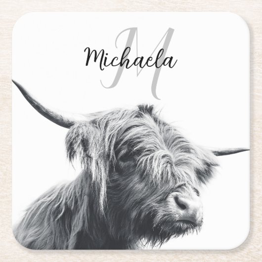 Hoogland koe portret initiaal monogram zwart wit kartonnen onderzetters (Voorkant)