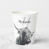 Hoogland koe portret initiaal monogram zwart wit papieren bekers (Achterkant)