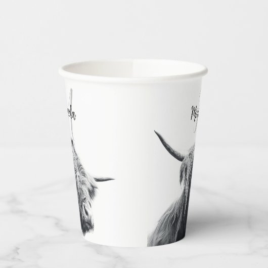 Hoogland koe portret initiaal monogram zwart wit papieren bekers (Links)