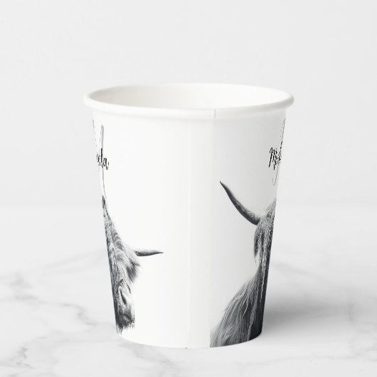 Hoogland koe portret initiaal monogram zwart wit papieren bekers (Rechts)