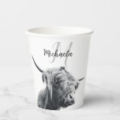 Hoogland koe portret initiaal monogram zwart wit papieren bekers (Voorkant)