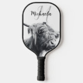 Hoogland koe portret initiaal monogram zwart wit pickleball paddle (Achterkant)