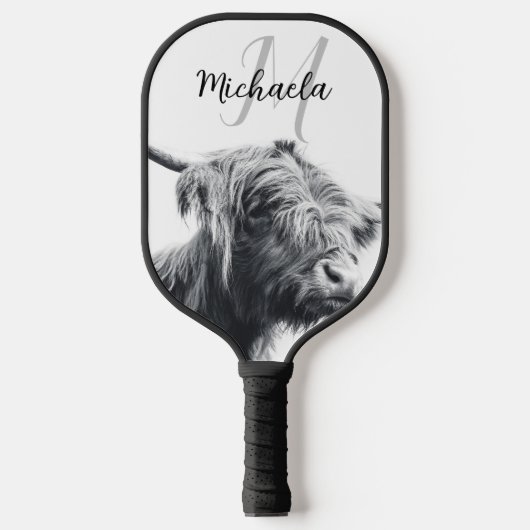 Hoogland koe portret initiaal monogram zwart wit pickleball paddle (Voorkant)