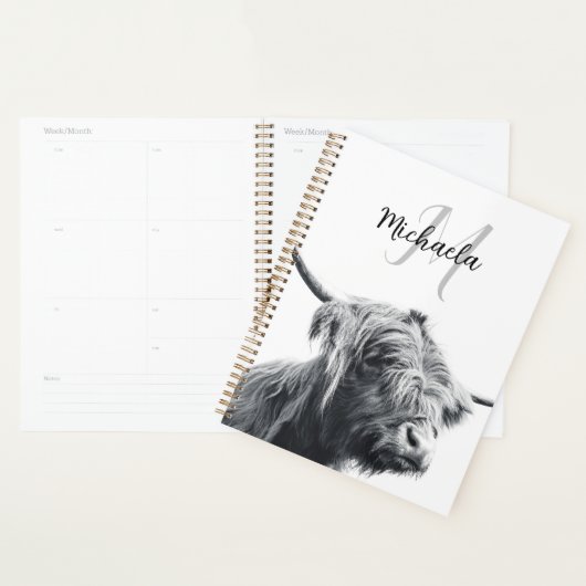 Hoogland koe portret initiaal monogram zwart wit planner (Display)