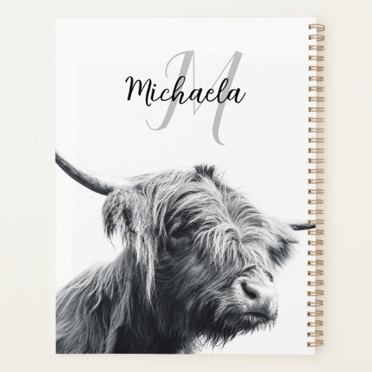 Hoogland koe portret initiaal monogram zwart wit planner (Achterkant)