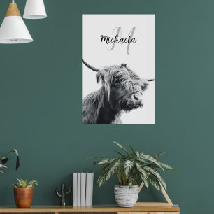 Hoogland koe portret initiaal monogram zwart wit poster