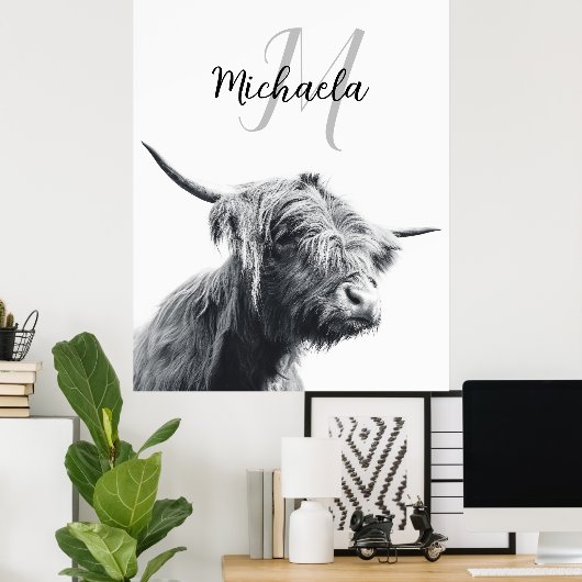 Hoogland koe portret initiaal monogram zwart wit poster (Thuiskantoor)
