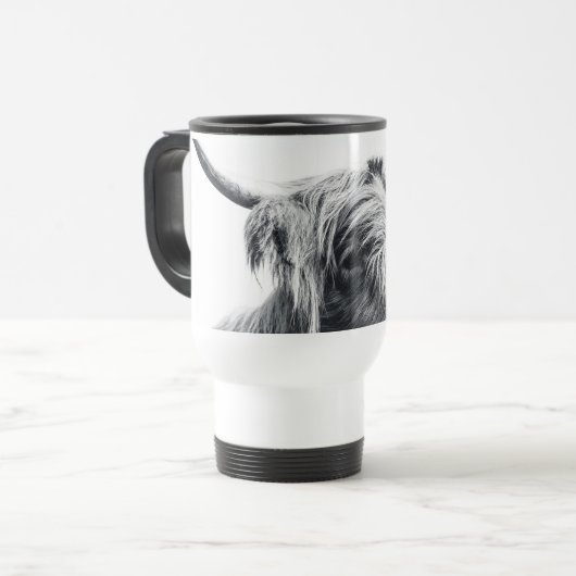 Hoogland koe portret initiaal monogram zwart wit reisbeker (Voorkant links)