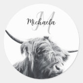 Hoogland koe portret initiaal monogram zwart wit ronde sticker (Voorkant)