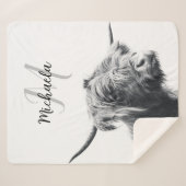 Hoogland koe portret initiaal monogram zwart wit sherpa deken (Voorkant (horizontaal))