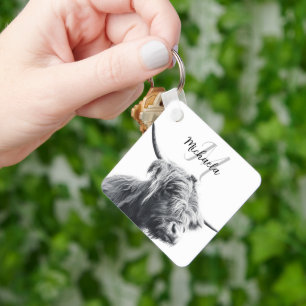 Hoogland koe portret initiaal monogram zwart wit sleutelhanger