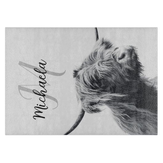 Hoogland koe portret initiaal monogram zwart wit snijplank (Voorkant)