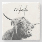 Hoogland koe portret initiaal monogram zwart wit stenen onderzetter (Voorkant)