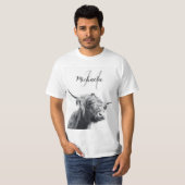 Hoogland koe portret initiaal monogram zwart wit t-shirt (Voorkant volledig)