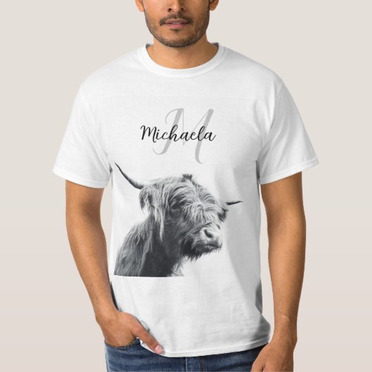 Hoogland koe portret initiaal monogram zwart wit t-shirt (Voorkant)