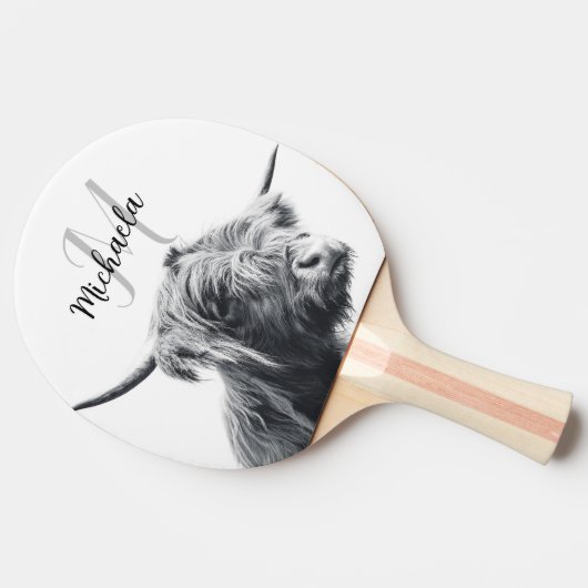 Hoogland koe portret initiaal monogram zwart wit tafeltennisbatje (Zijkant)