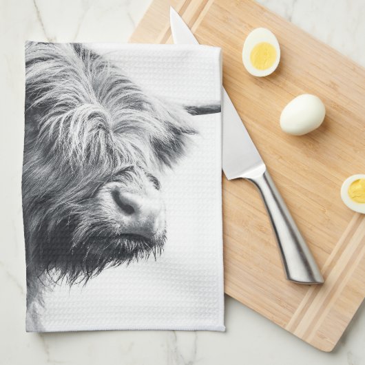 Hoogland koe portret initiaal monogram zwart wit theedoek (Quarter Fold)