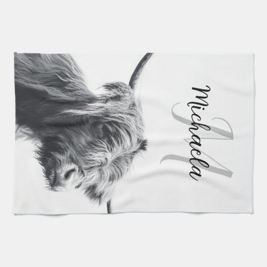Hoogland koe portret initiaal monogram zwart wit theedoek (Horizontaal)