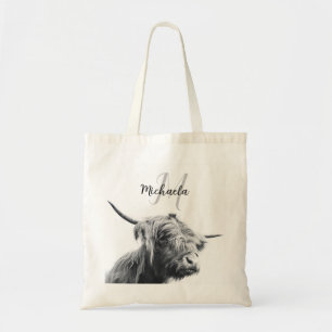 Hoogland koe portret initiaal monogram zwart wit tote bag