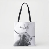 Hoogland koe portret initiaal monogram zwart wit tote bag (Voorkant)