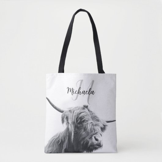 Hoogland koe portret initiaal monogram zwart wit tote bag (Voorkant)