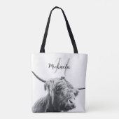 Hoogland koe portret initiaal monogram zwart wit tote bag (Achterkant)