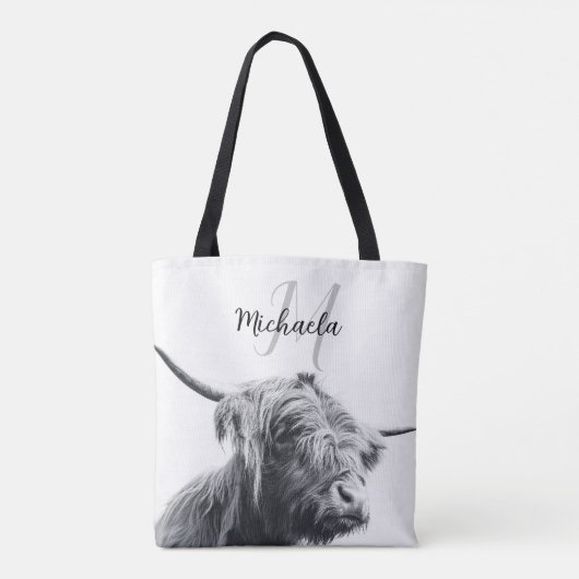 Hoogland koe portret initiaal monogram zwart wit tote bag (Achterkant)