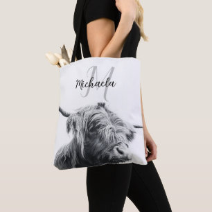 Hoogland koe portret initiaal monogram zwart wit tote bag