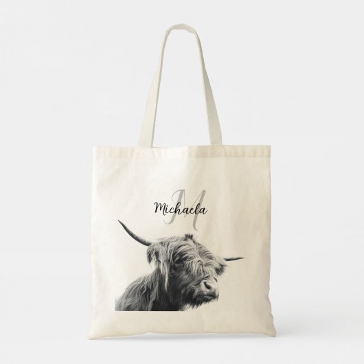 Hoogland koe portret initiaal monogram zwart wit tote bag (Achterkant)