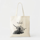 Hoogland koe portret initiaal monogram zwart wit tote bag (Voorkant)