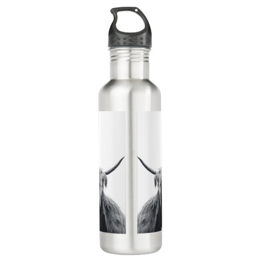 Hoogland koe portret initiaal monogram zwart wit waterfles  (Achterkant)