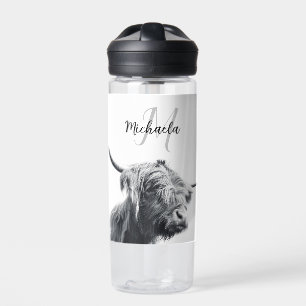 Hoogland koe portret initiaal monogram zwart wit waterfles