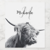 Hoogland koe portret initiaal monogram zwart wit wijn etiket (Enkel label)