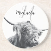 Hoogland koe portret initiaal monogram zwart wit zandsteen onderzetter (Voorkant)