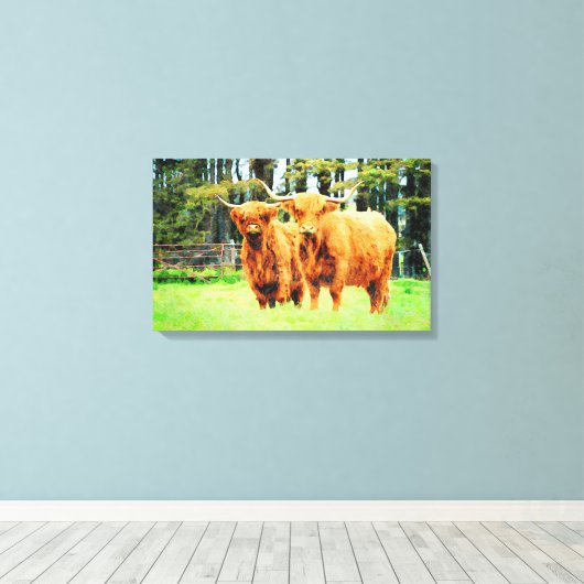 Hoogland Koe Rundvee met horens Waterverf Art Canvas Afdruk (Insitu (Houten vloer))