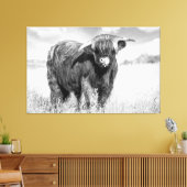 Hoogland koe tong zwart-wit canvas afdruk (Insitu (Woonkamer))