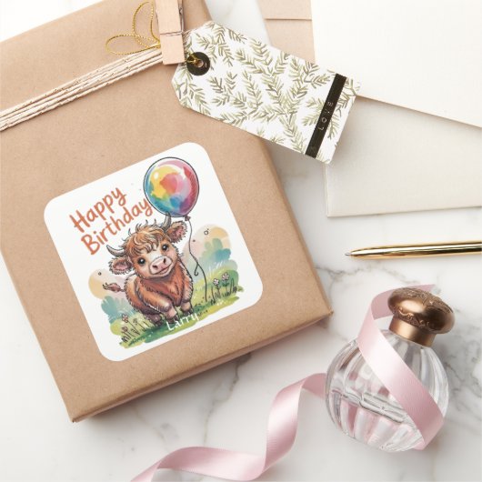 Hoogland Koe Verjaardag Vierkante Sticker (Geschenken)
