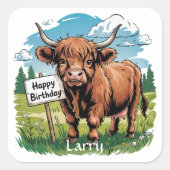 Hoogland Koe Verjaardag Vierkante Sticker (Voorkant)