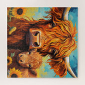 Hoogland koe Zonnebloem met Kalf Puzzel (Horizontaal)