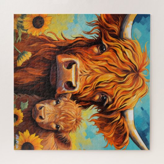 Hoogland koe Zonnebloem met Kalf Puzzel Legpuzzel (Horizontaal)