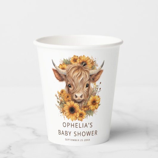 Hoogland Koe Zonnebloemen Naam Baby shower Papieren Bekers (Voorkant)