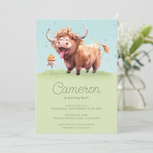 Hoogland miniatuur koe kind verjaardagsviering kaart (Staand voorkant)